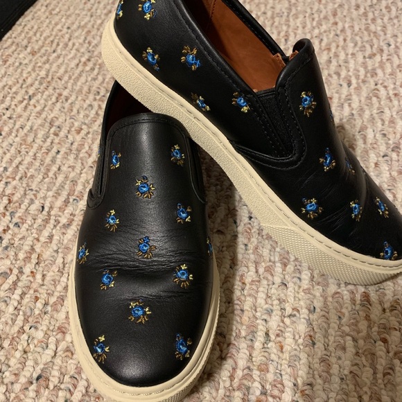 Embroidered Coach Black Leather Sneakers - Picture 1 of 6